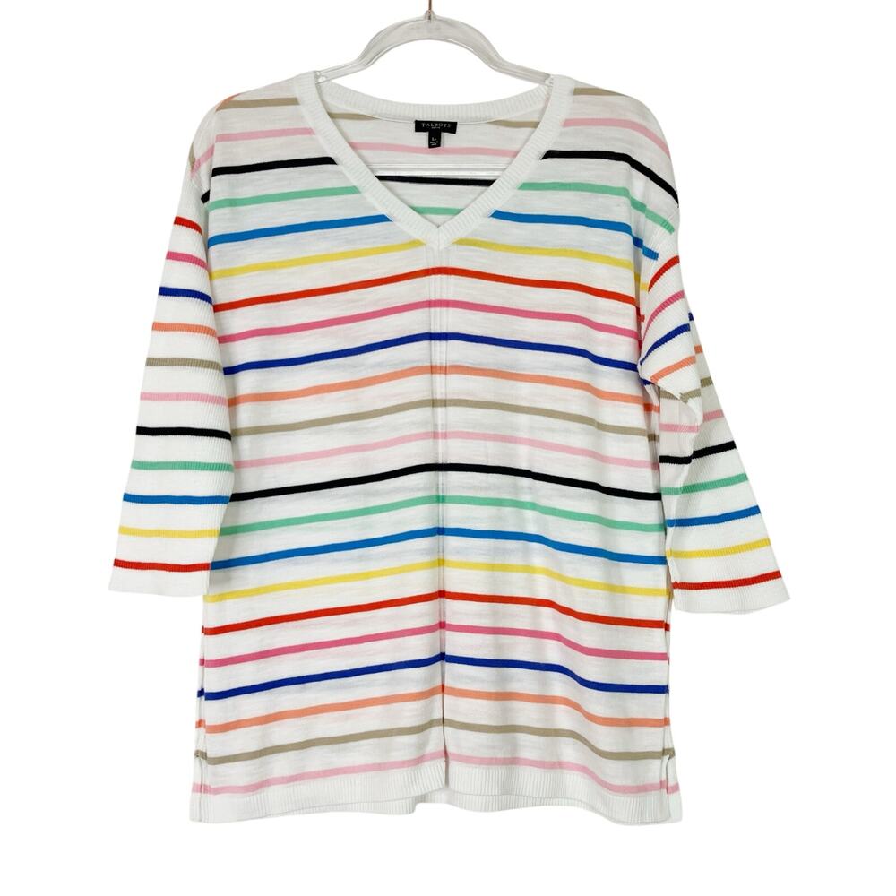 Talbots | 3/4 Sleeve Sweater Lightweight Rainbow Stripe V-Neck Womens L PETITE